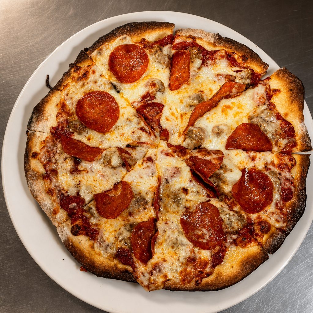 Personal Pizza two toppings with a side salad.
